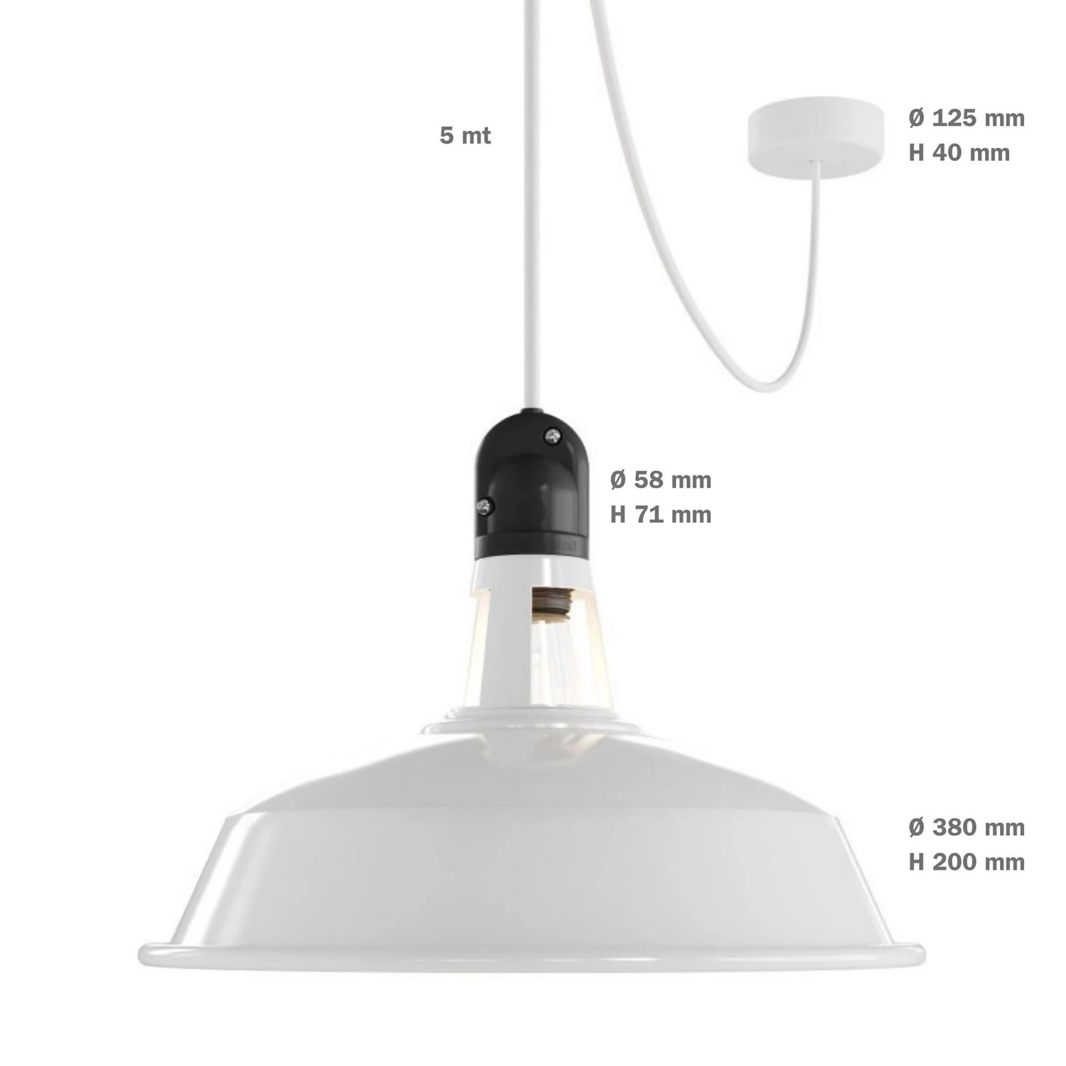 EIVA Suspension d'extérieur avec abat-jour, 5m câble textile, rosace en silicone et douille étanche IP65