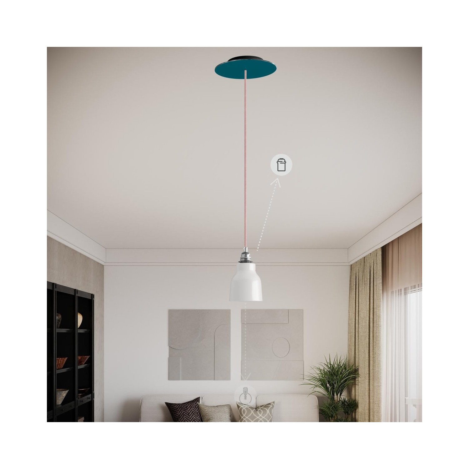 EIVA Suspension d'extérieur pour abat-jour avec 5m câble textile, décentreur, rosace et douille étanche IP65
