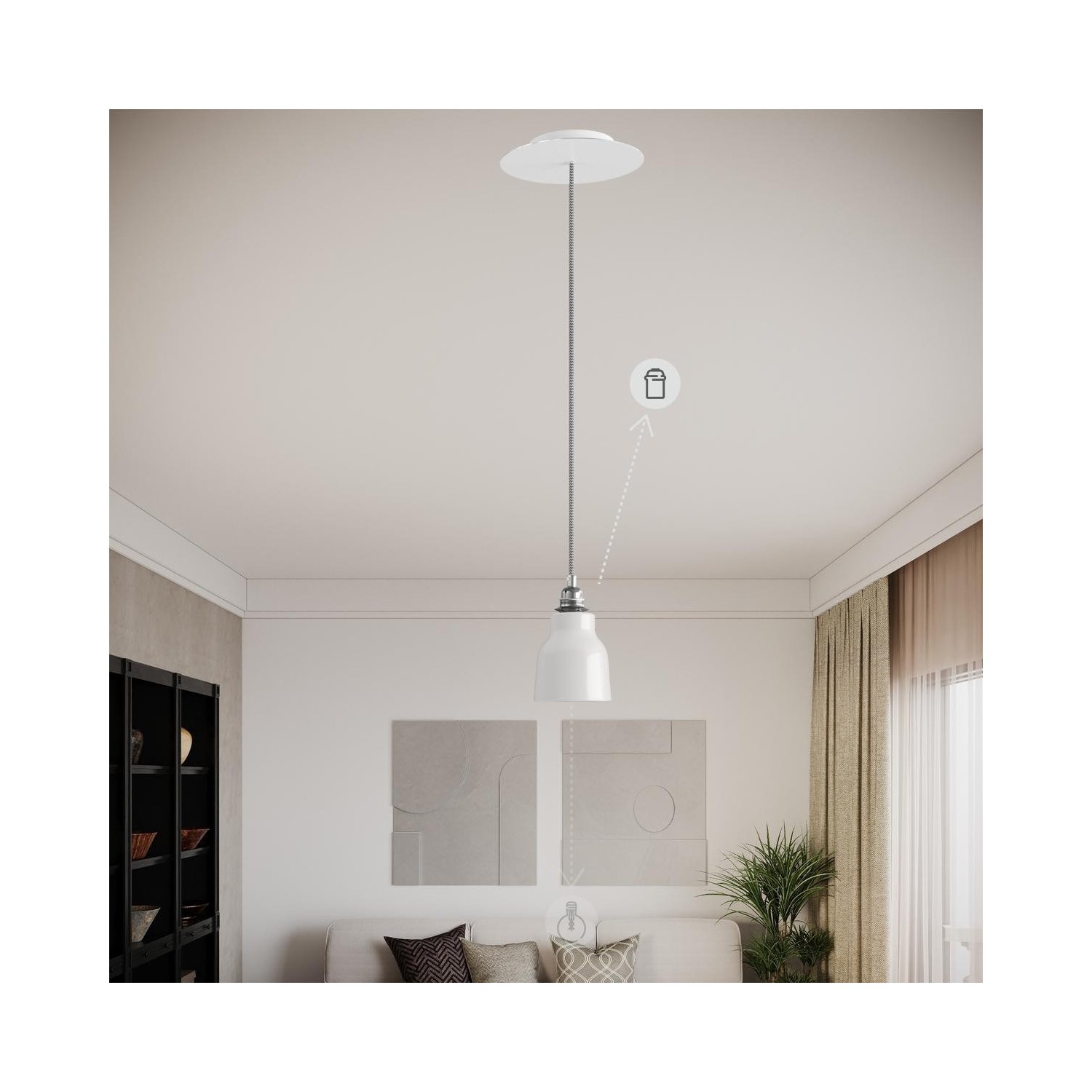 EIVA Suspension d'extérieur pour abat-jour avec 5m câble textile, décentreur, rosace et douille étanche IP65