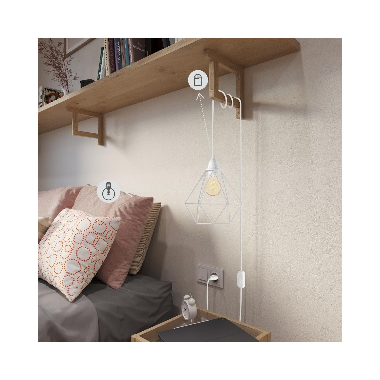 EIVA Suspension d'extérieur pour abat-jour avec 5m câble textile, décentreur, rosace et douille étanche IP65