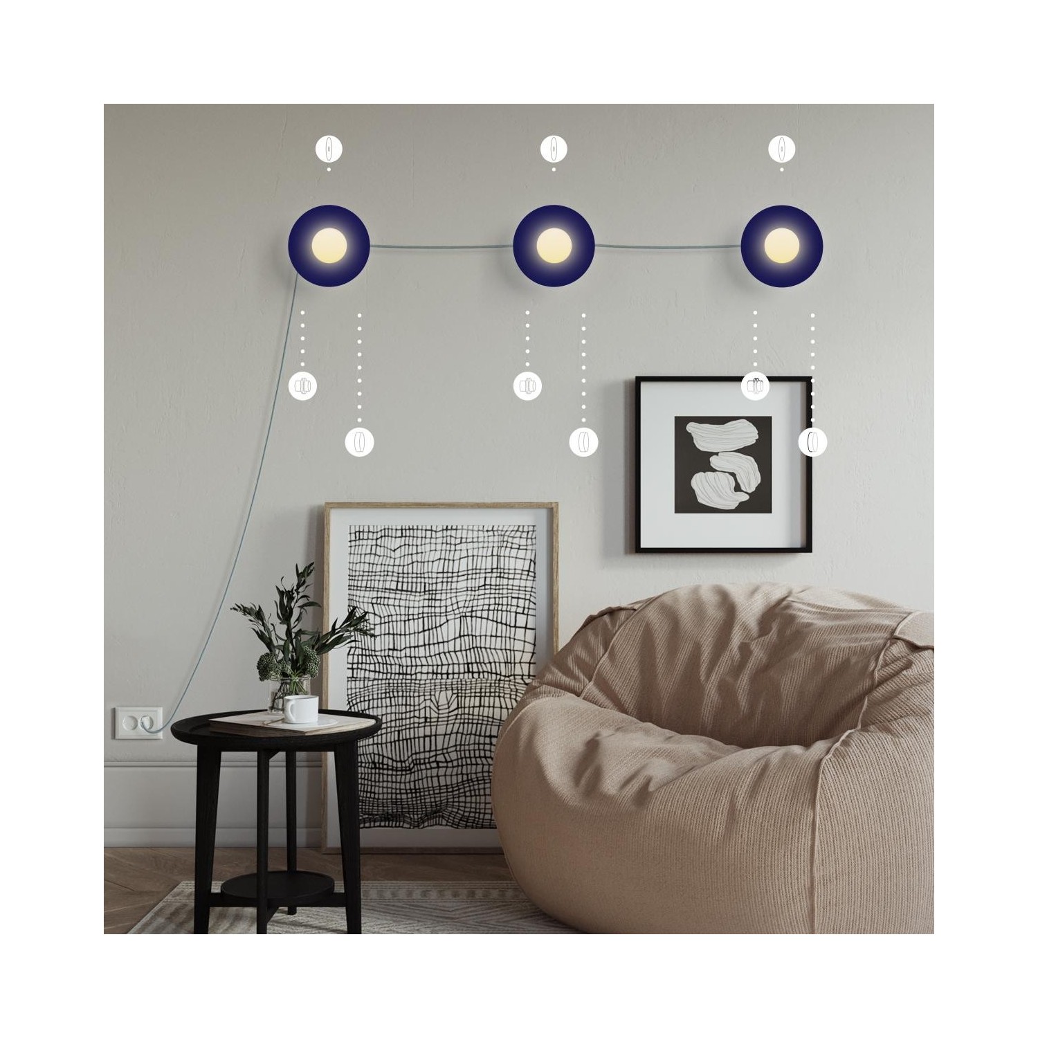 EIVA Suspension d'extérieur pour abat-jour avec 5m câble textile, décentreur, rosace et douille étanche IP65