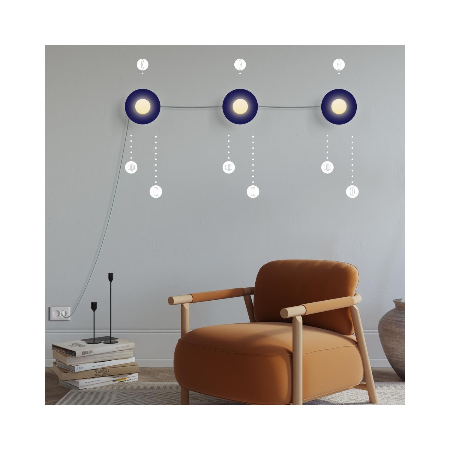 EIVA Suspension d'extérieur pour abat-jour avec 5m câble textile, décentreur, rosace et douille étanche IP65