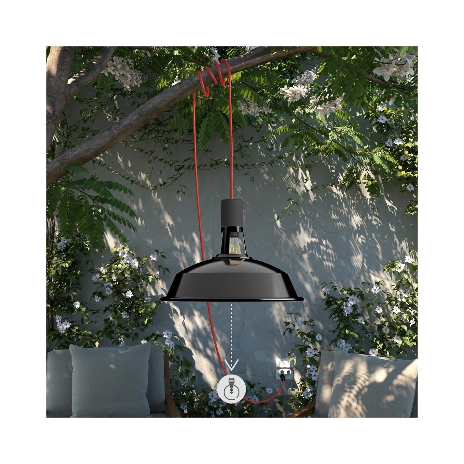 EIVA Suspension d'extérieur pour abat-jour avec 5m câble textile, décentreur, rosace et douille étanche IP65