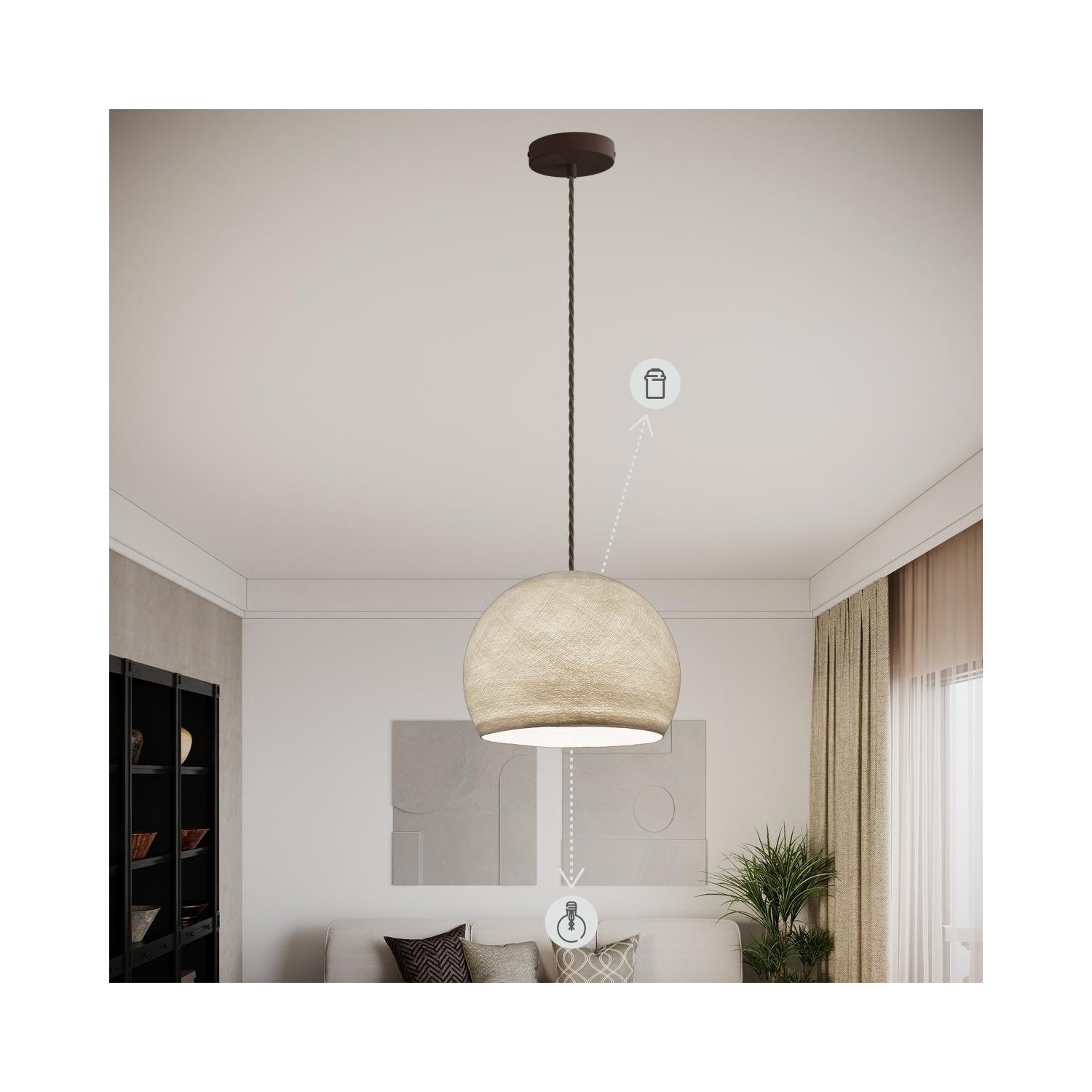 EIVA ELEGANT Lampe à suspension avec 5 m câble textile, abat-jour Ellepì, rosace et douille en silicone IP65 étanche