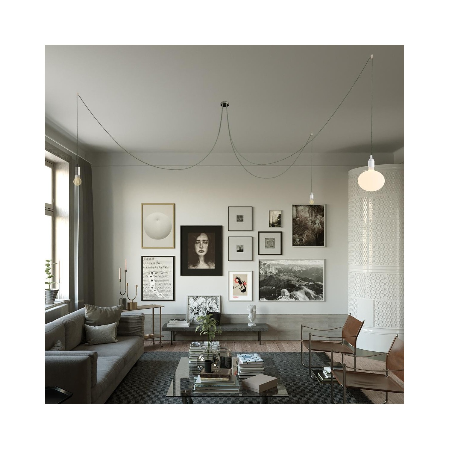 Suspension Made in Italy avec câble textile et double abat-jour Tub-E14