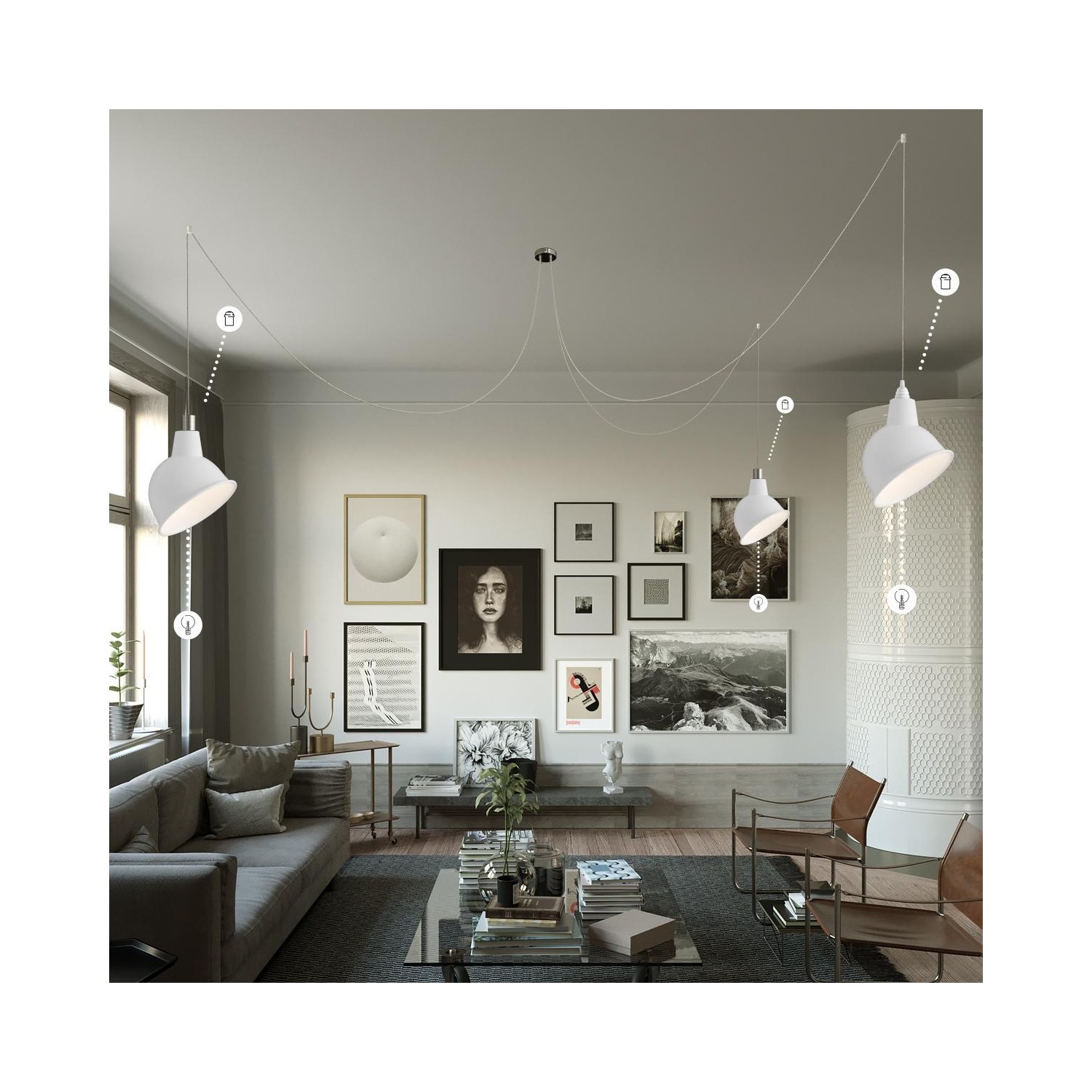 Suspension Made in Italy avec câble textile et double abat-jour Tub-E14