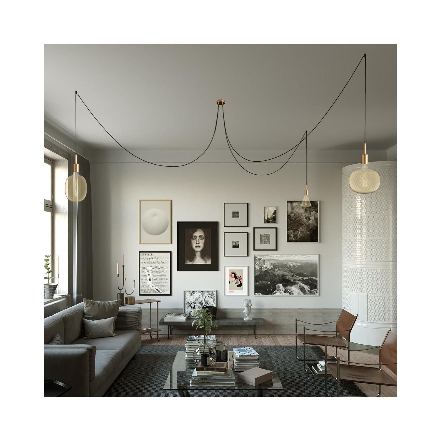 Suspension Made in Italy avec câble textile et double abat-jour Tub-E14
