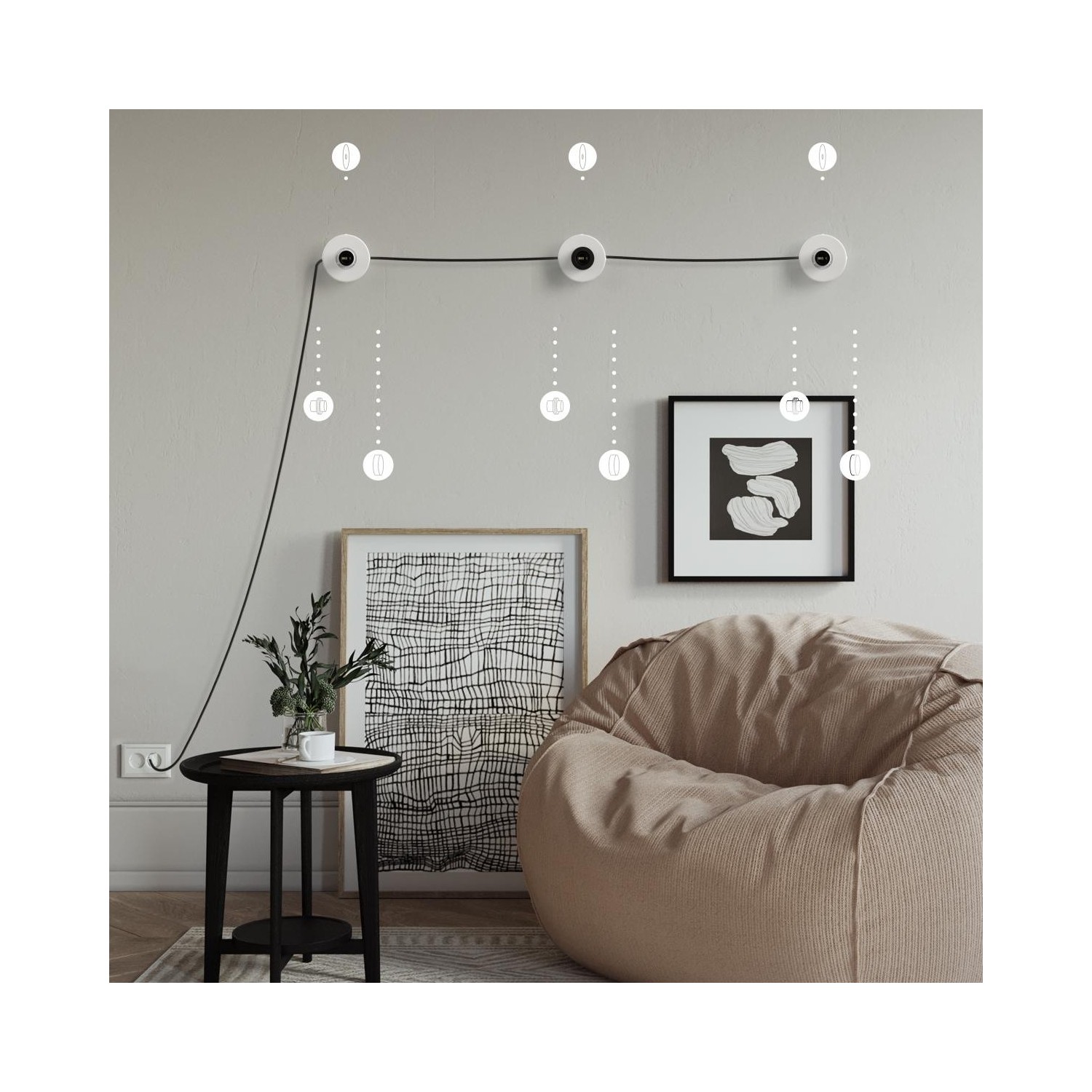Suspension Made in Italy avec câble textile et double abat-jour Tub-E14