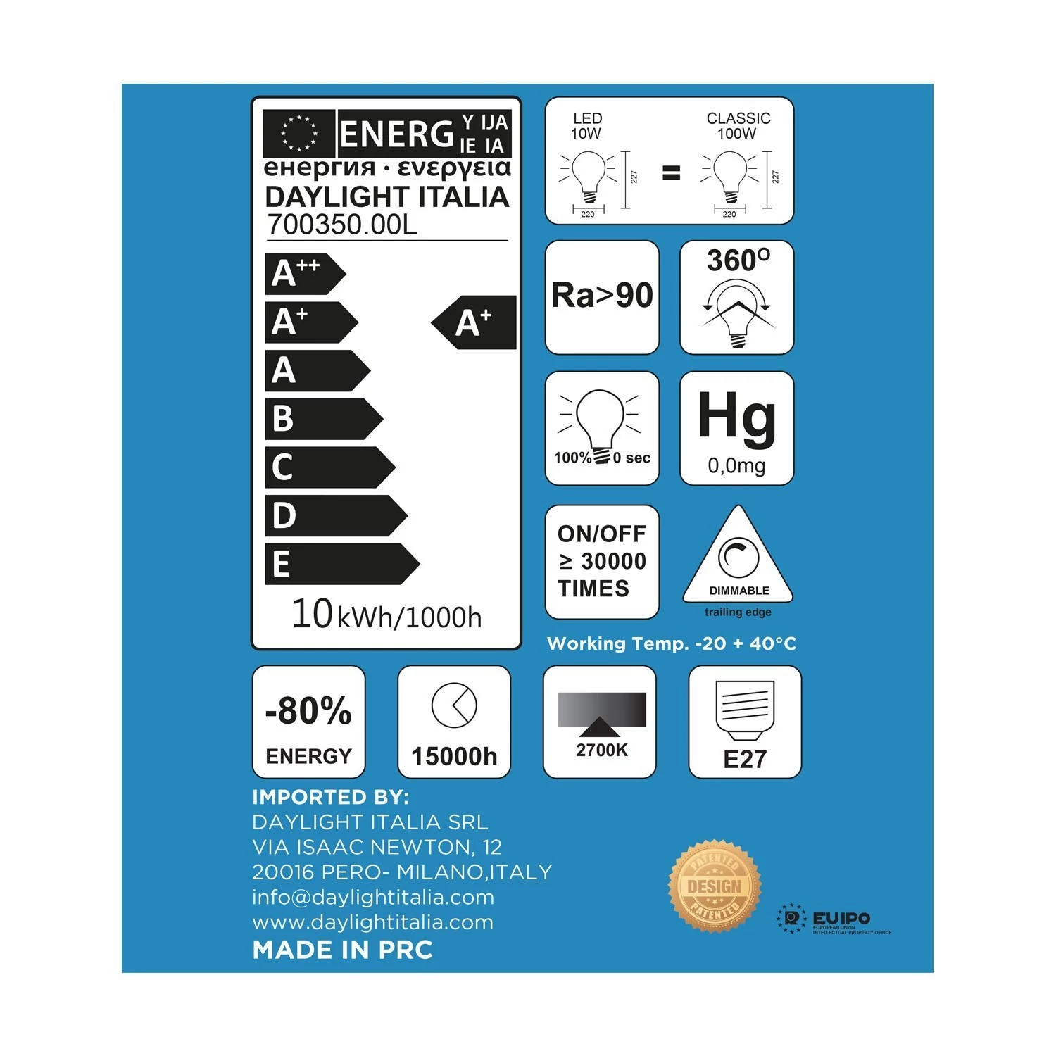 Ampoule LED XL Porcelaine Delo Ligne Ciaobella 10W 1000Lm 2700K Dimmable