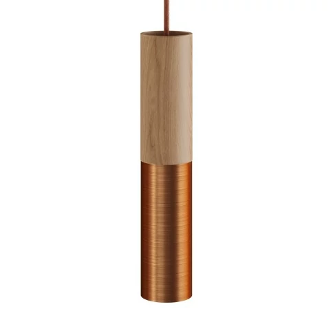Lampe à suspension Made in Italy avec câble textile et double abat-jour Tub-E14 en bois et métal