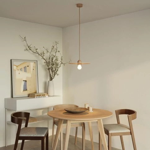 Lampe suspension en bois avec câble textile et abat-jour UFO