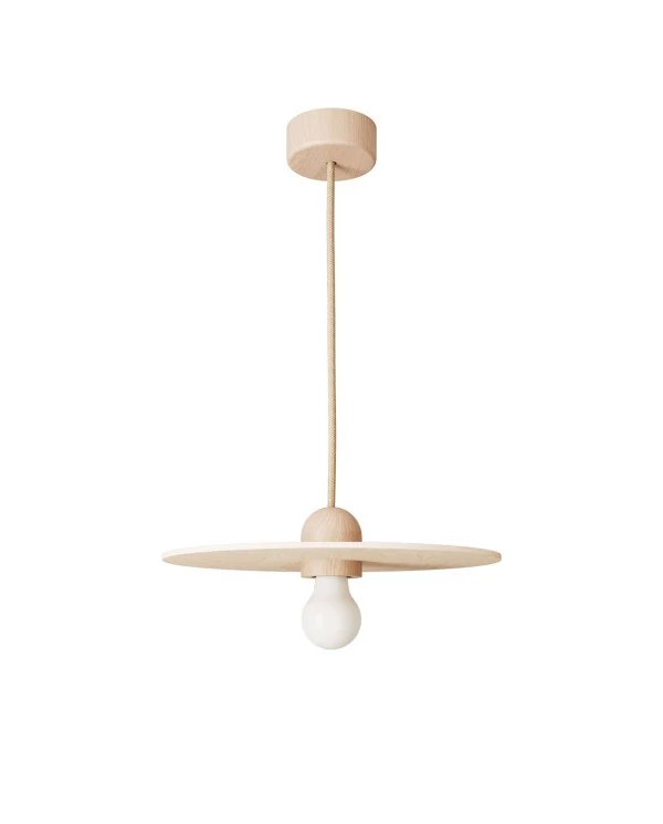 Lampe suspension en bois avec câble textile et abat-jour UFO