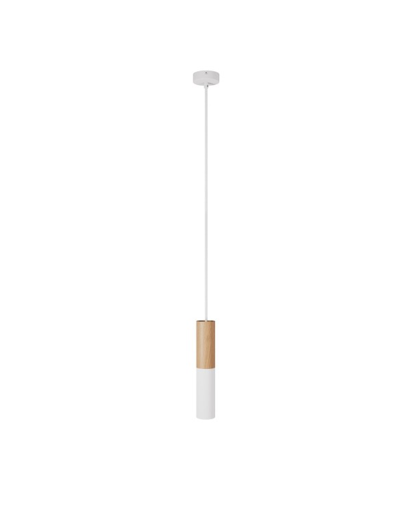 Lampe à suspension Made in Italy avec câble textile et double abat-jour Tub-E14 en bois et métal