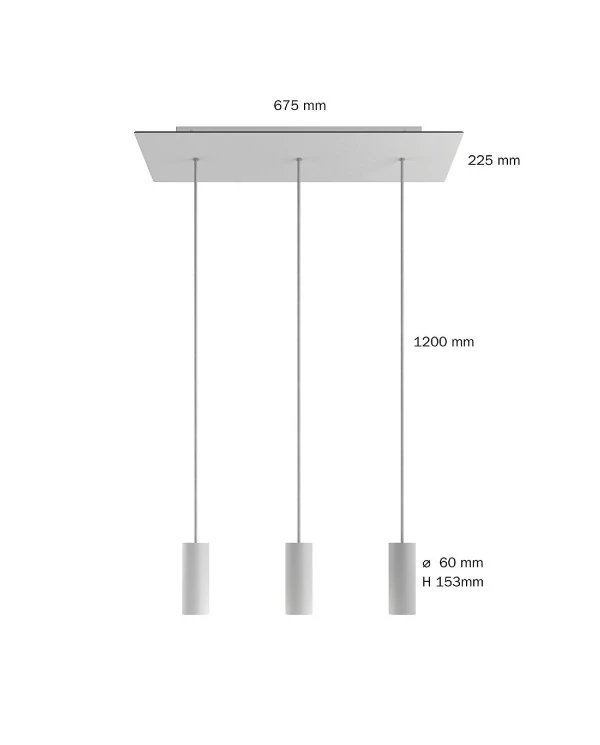 Suspension à 3 bras avec XXL Rose-One rectangulaire 675 mm complète avec câble textile et abat-jour en métal Tub-E14