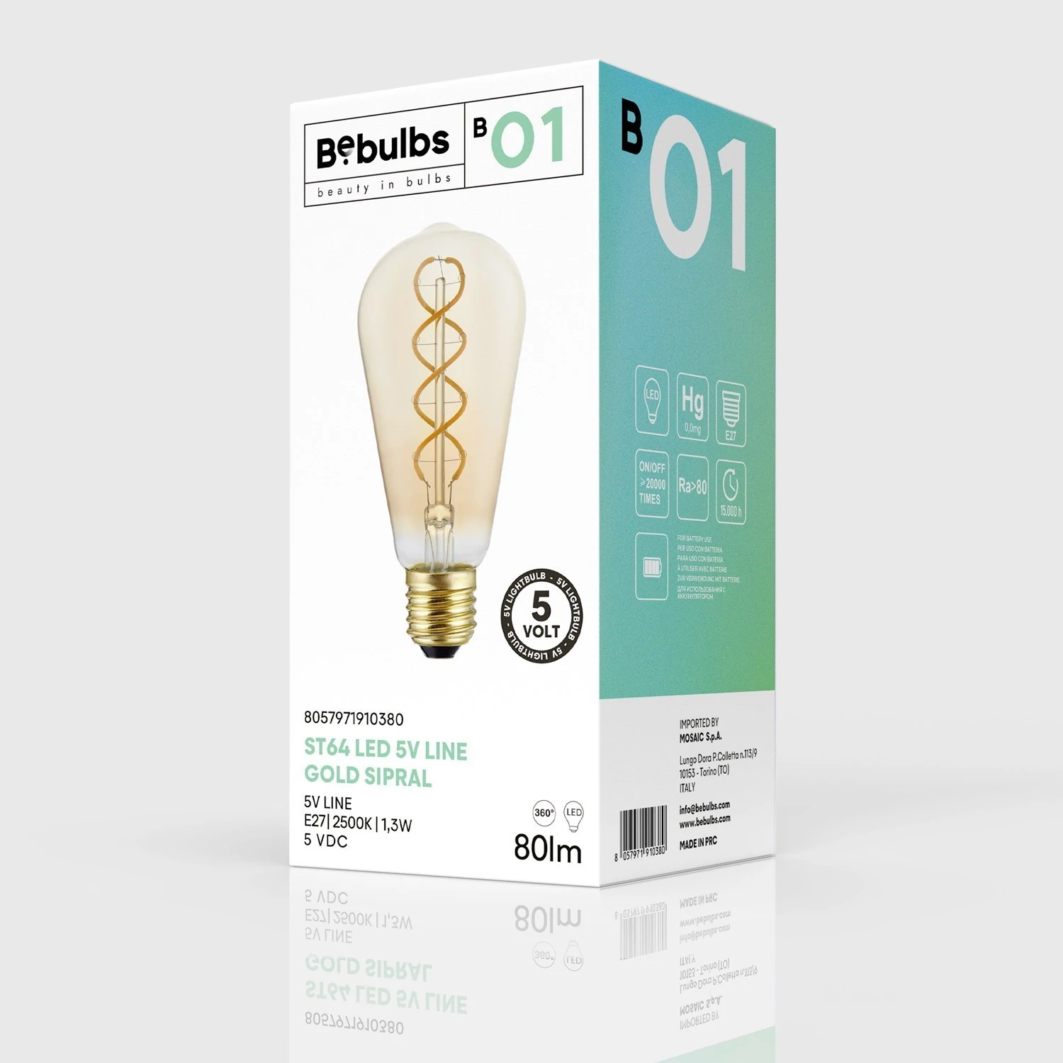 Ampoule LED Dorée B01 Ligne 5V Filament à spirale Edison ST64 1,3W 80Lm E27 2500K Dimmable