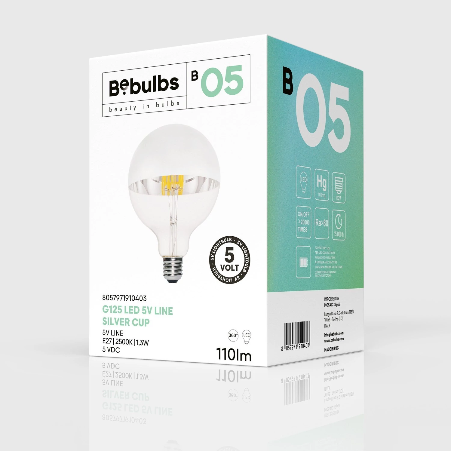 Ampoule LED Demi Sphère Argent B05 Ligne 5V Filament Court Globo G125 1,3W 110Lm E27 2500K Dimmable