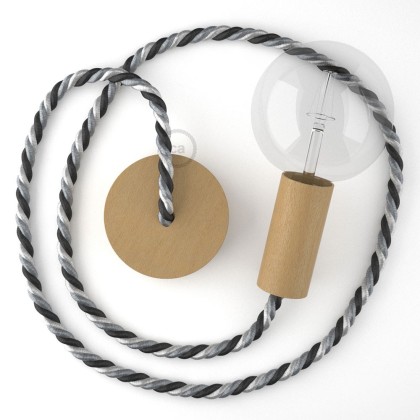 Lampe suspension corde XL en tissu Orleans lucide 16 mm, accessoires en bois naturel, Made in Italy