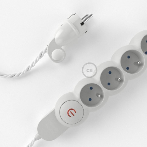 Bloc multiprise avec câble en tissu de couleur effet soie Blanc TM01 et fiche schuko avec anneau confort