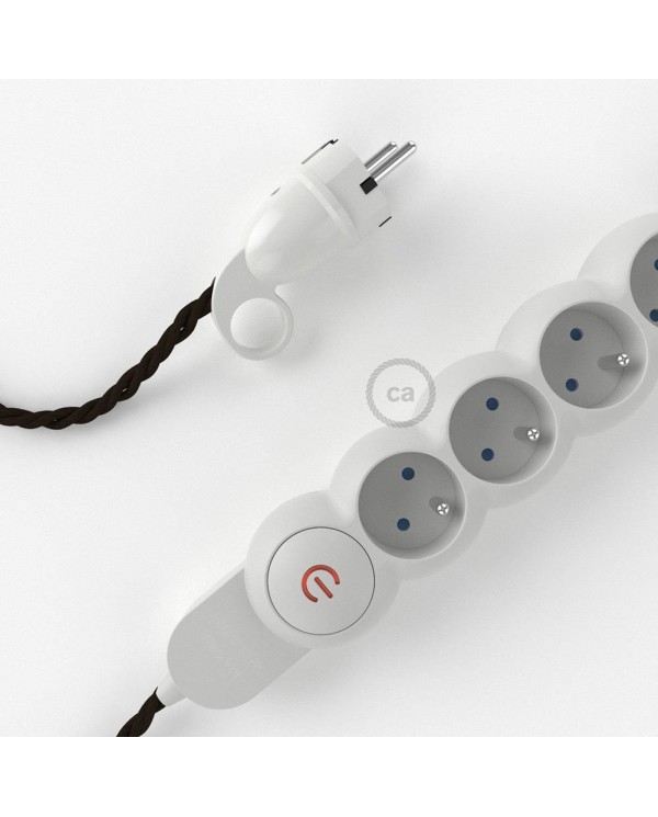 Bloc multiprise avec câble en tissu Effet Soie Marron TM13 et fiche schuko avec anneau confort