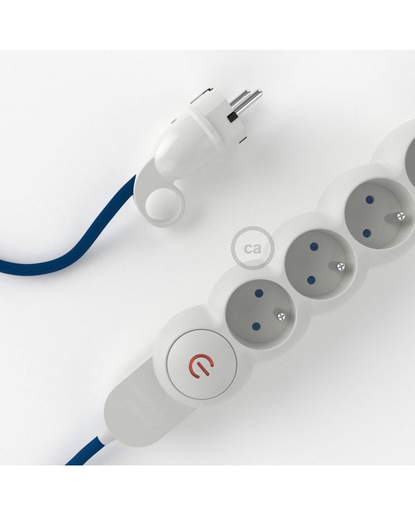 Bloc multiprise avec câble en tissu Effet Soie Bleu RM12 et fiche schuko avec anneau confort