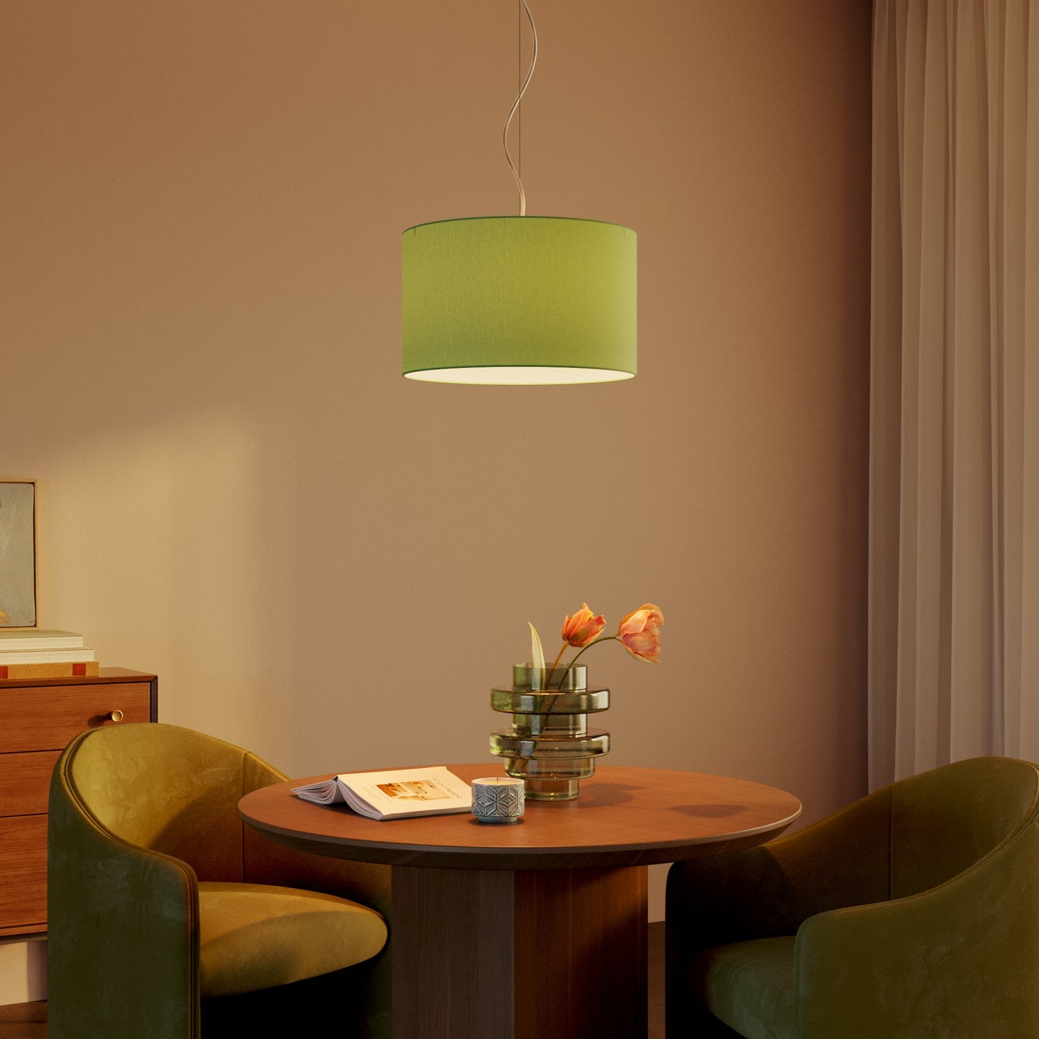 Lampada a sospensione con paralume in tessuto Cilindro Small Cinette verde pistacchio - Made in Italy No