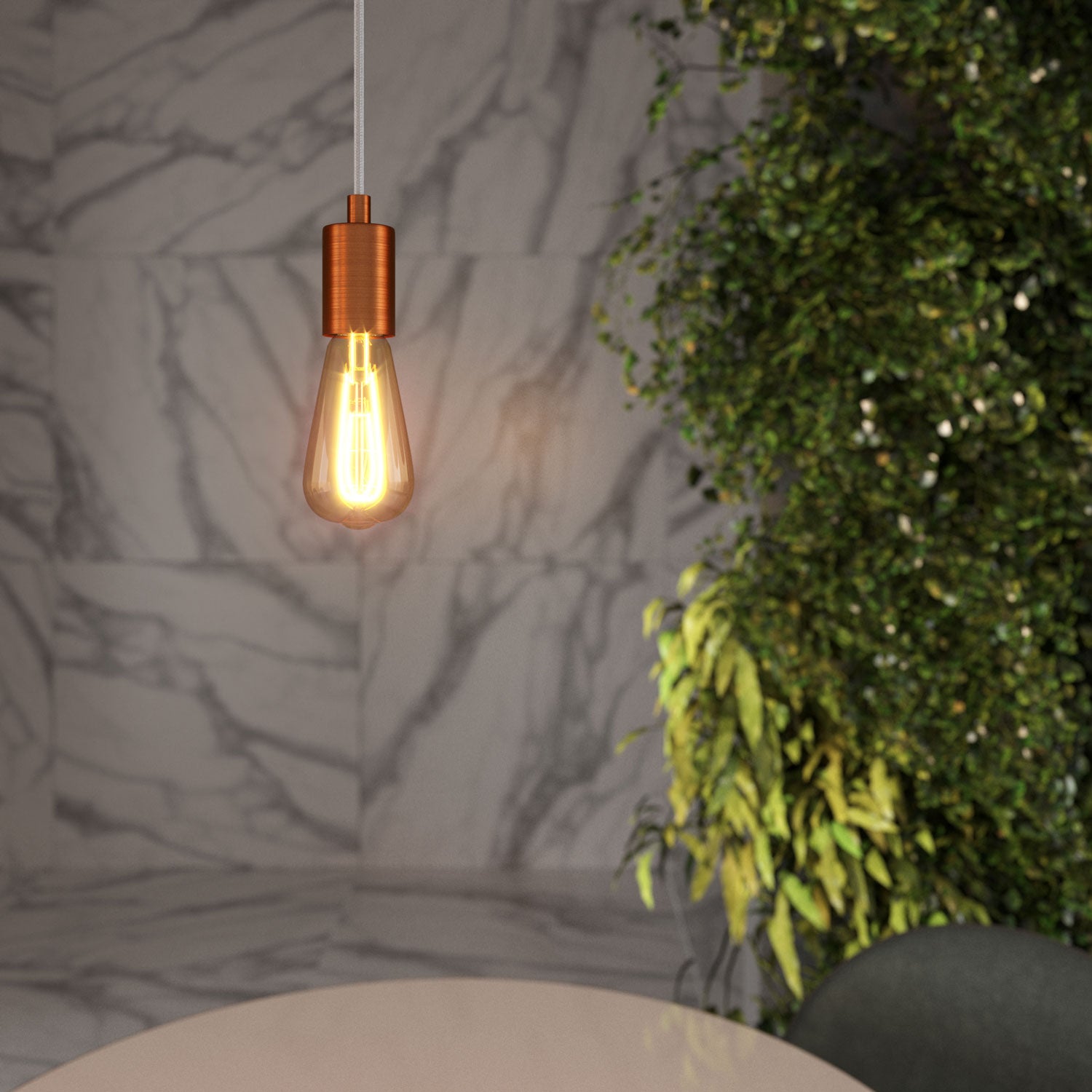 Lampada a sospensione completa di cavo tessile e finiture in metallo satinato - Rame satinato