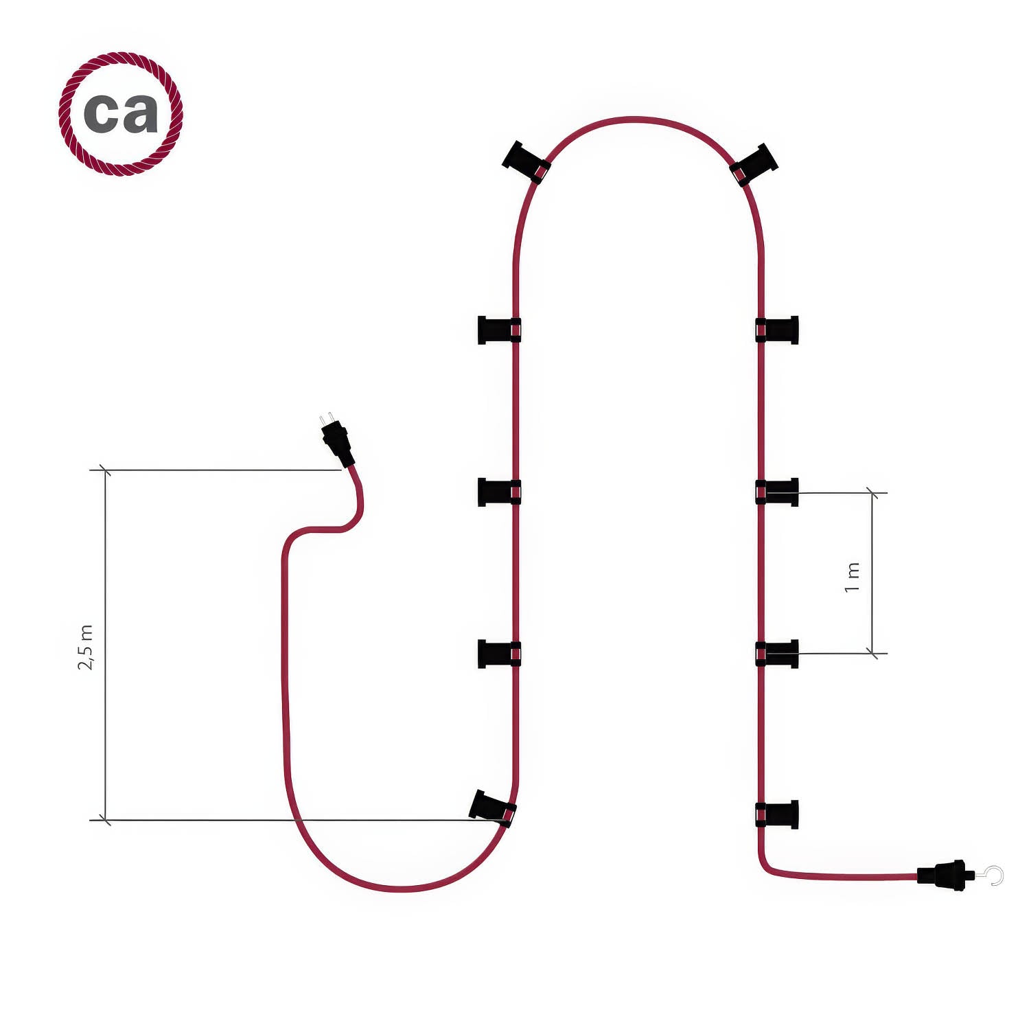 Catenaria Sistema Lumet da 12,5 m con cavo tessile ECC37, 10 portalampada, gancio e spina bianchi