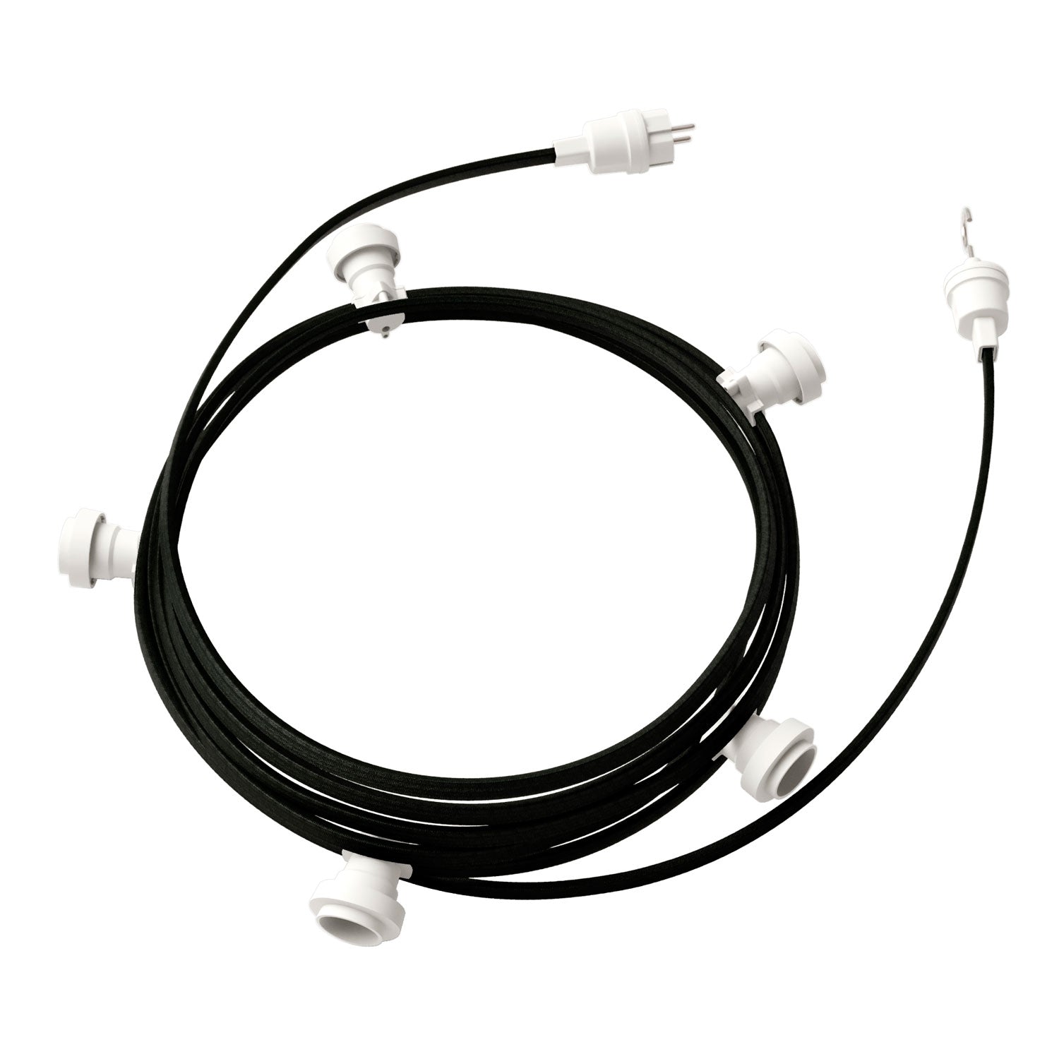 Catenaria Sistema Lumet da 7,5 m con cavo tessile CM04, 5 portalampada, gancio e spina bianchi - Creative Cables