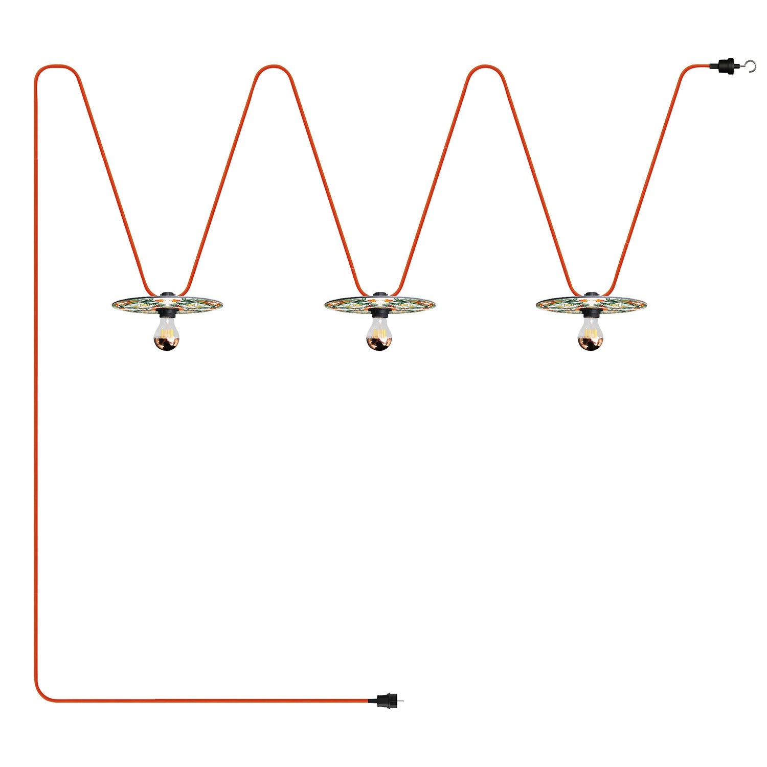 Catenaria Sistema Lumet 'Maioliche' da 10 m con cavo tessile, 3 portalampada e paralumi Rosso e Verde, gancio e spina nera - Creative Cables