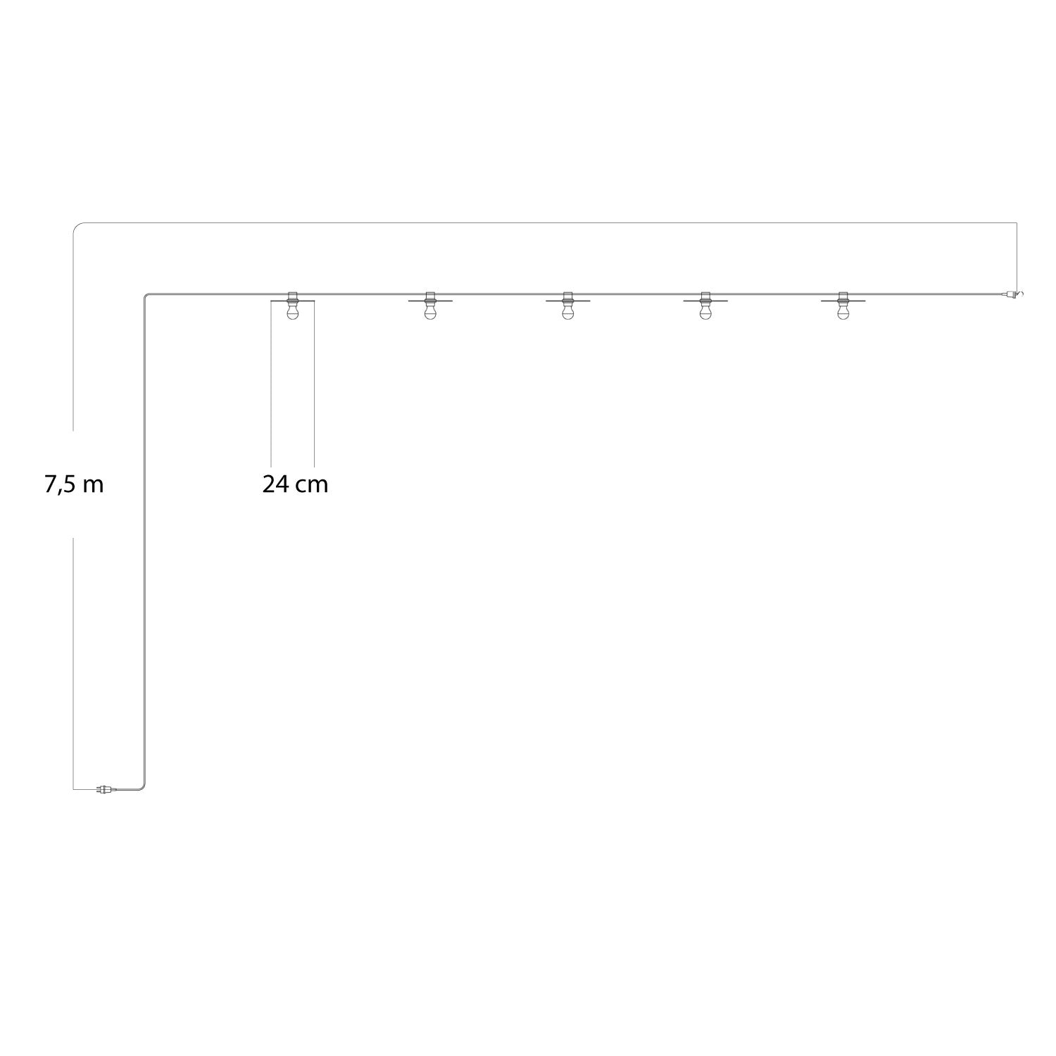 Catenaria Sistema Lumet 'Maioliche' da 7,5 m con cavo tessile, 5 portalampada e paralumi Rosso e Verde, gancio e spina nera - Creative Cables
