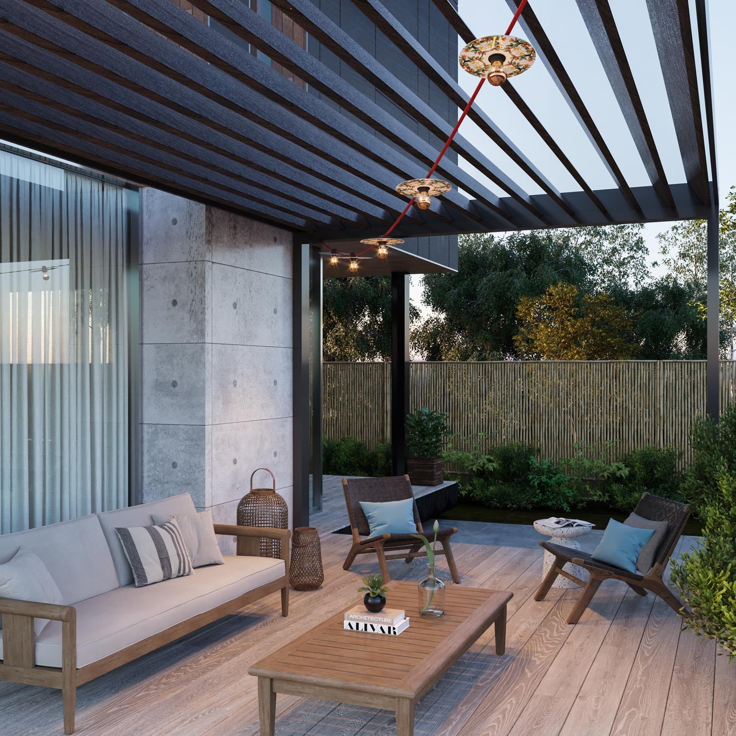 Catenaria Sistema Lumet 'Maioliche' da 7,5 m con cavo tessile, 5 portalampada e paralumi Rosso e Verde, gancio e spina nera - Creative Cables