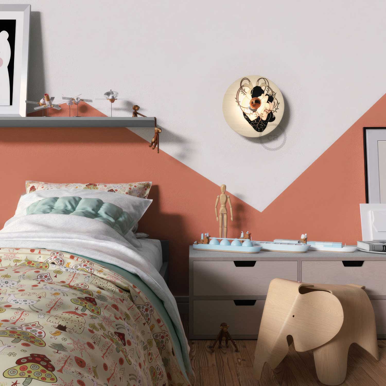 Fermaluce Romantic con paralume UFO in legno double - face illustrato da Carolina Zuniga - Creative Cables