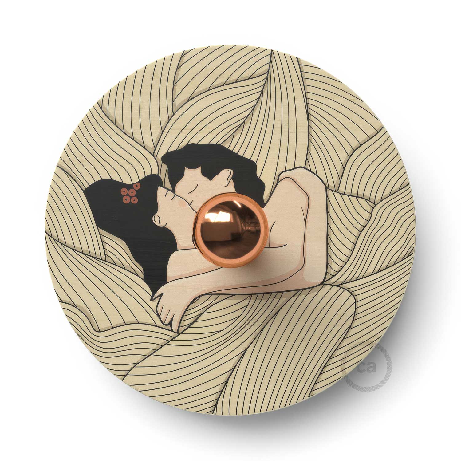 Fermaluce Romantic con paralume UFO in legno double - face illustrato da Carolina Zuniga - Creative Cables