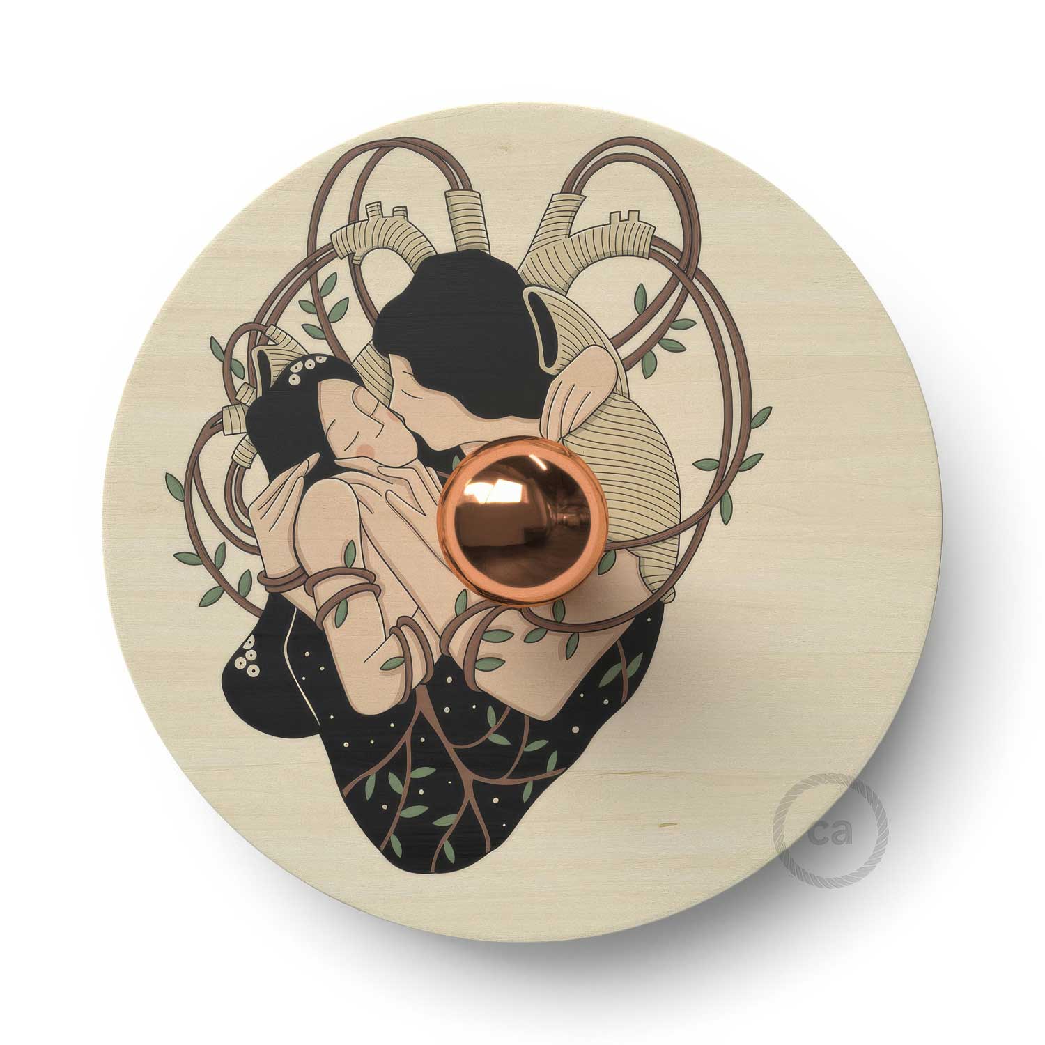 Fermaluce Romantic con paralume UFO in legno double - face illustrato da Carolina Zuniga - Creative Cables