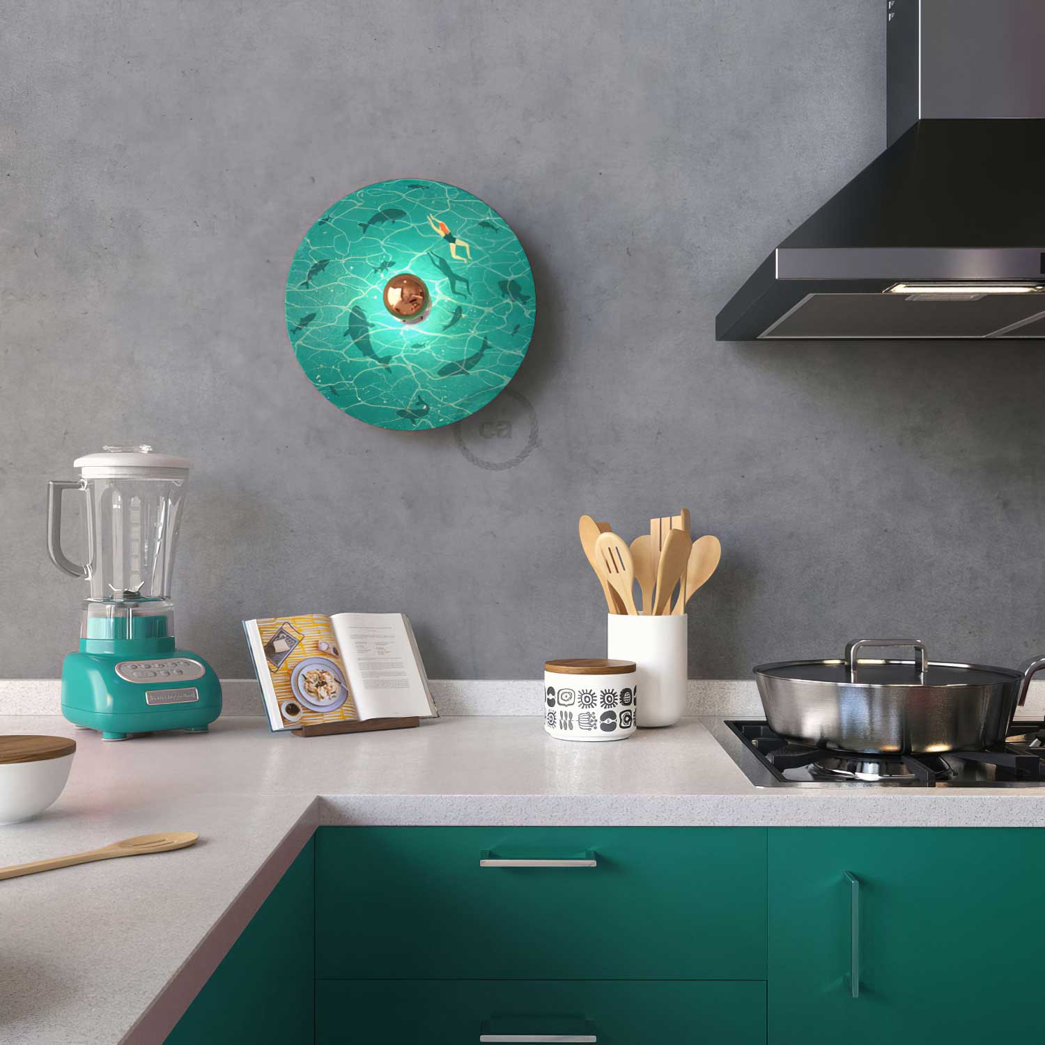 Fermaluce Romantic con paralume UFO in legno double-face illustrato da Davide Bonazzi