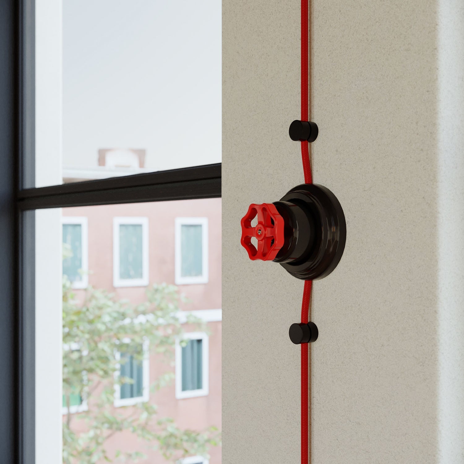 Kit interruttore/deviatore con manopola e base in porcellana nera Rosso