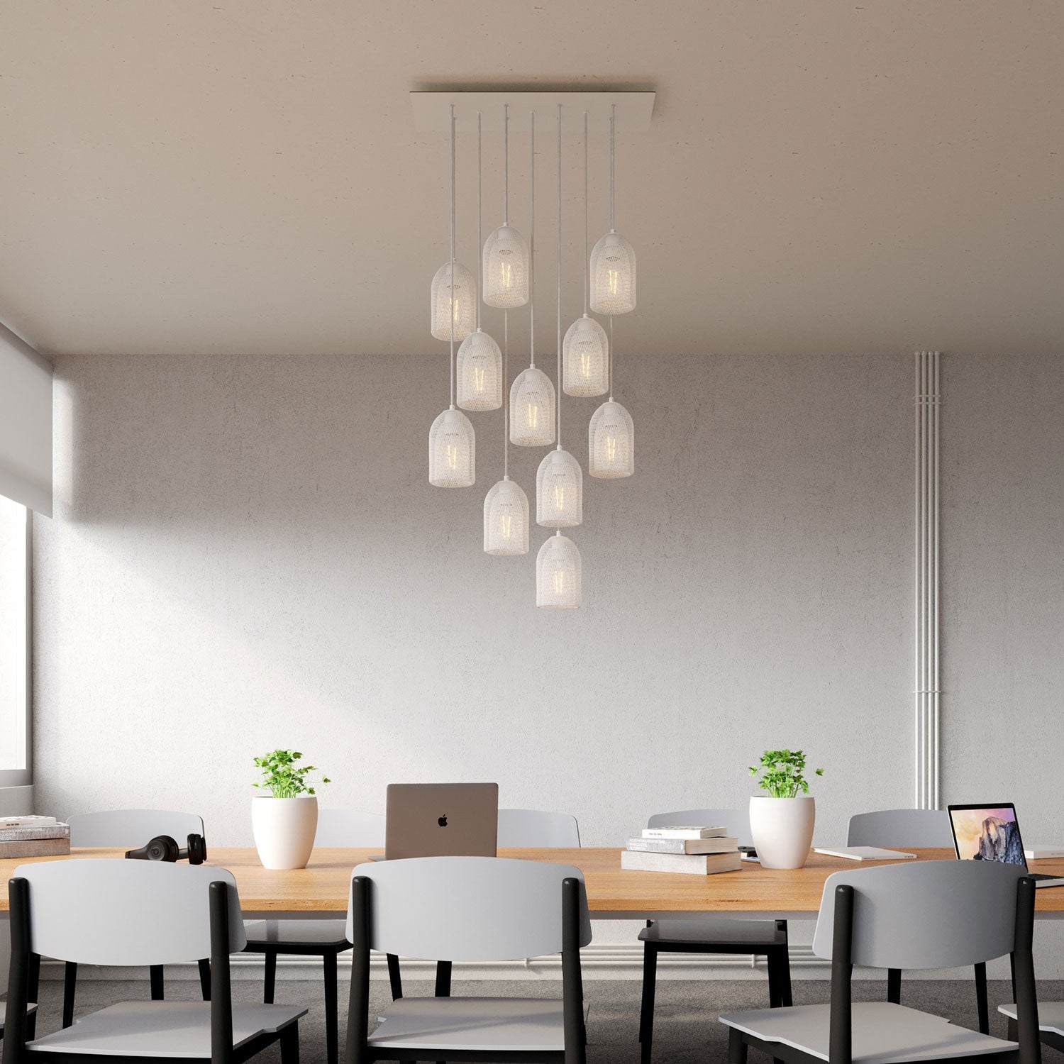 Lampada a sospensione a 11 cadute con XXL Rose - One rettangolare 675 mm con paralume in metallo Ghostbell - Bianco opaco - Creative Cables