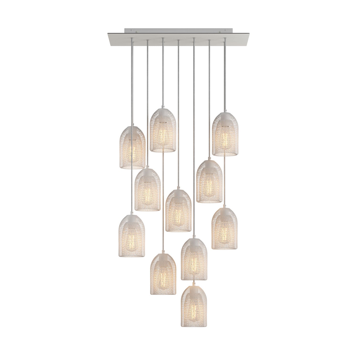 Lampada a sospensione a 11 cadute con XXL Rose - One rettangolare 675 mm con paralume in metallo Ghostbell - Bianco opaco - Creative Cables