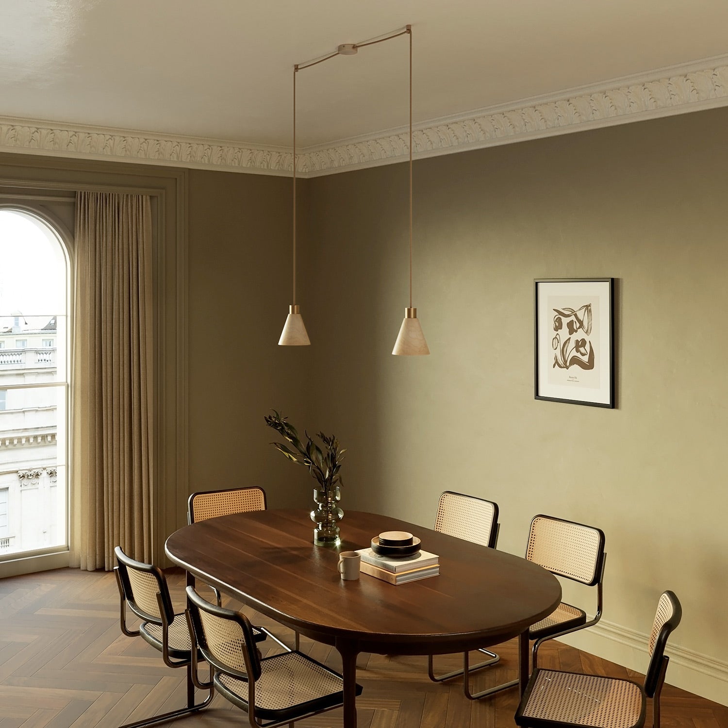 Lampada a sospensione a 2 cadute con paralumi conici in legno - Bronzo satinato - Creative Cables