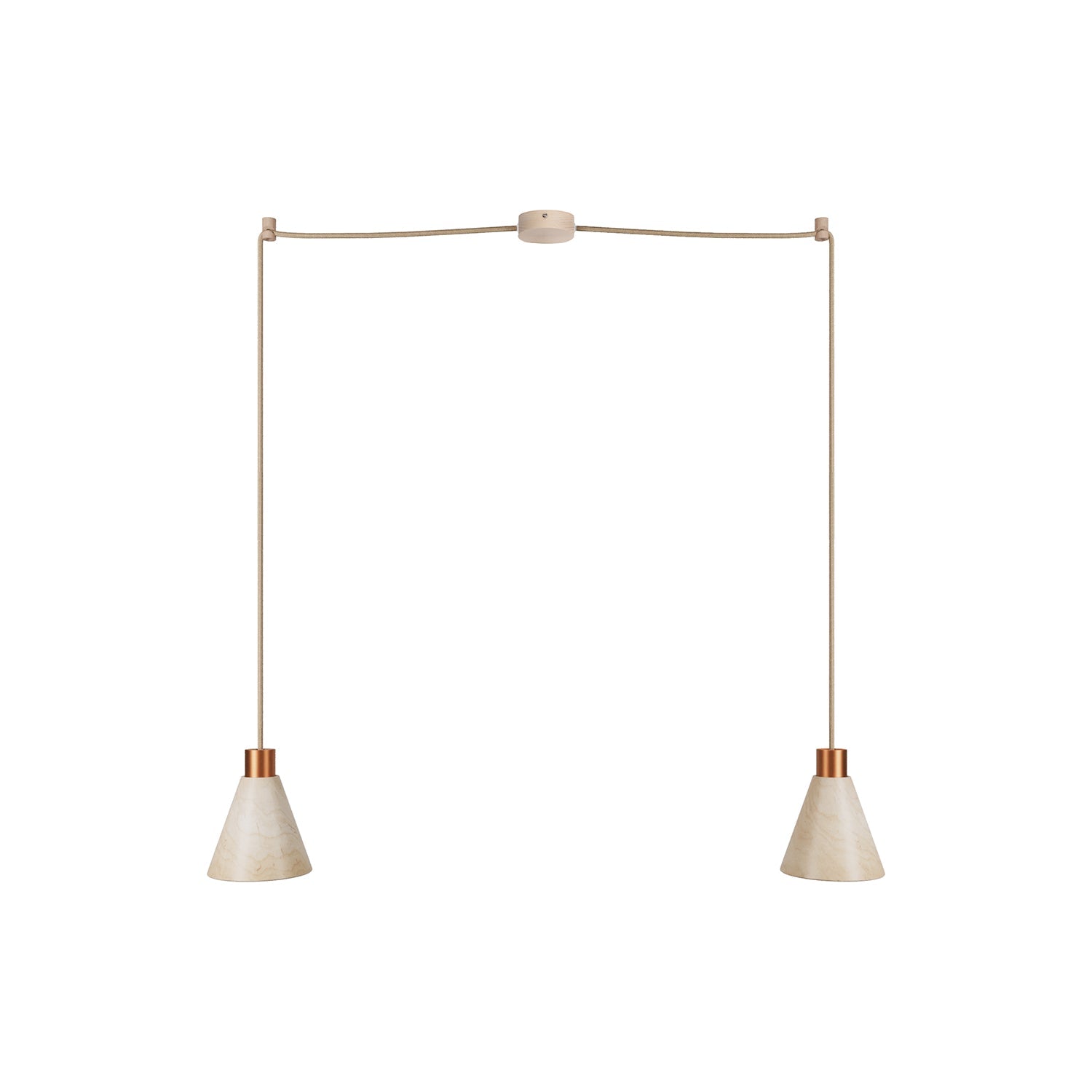 Lampada a sospensione a 2 cadute con paralumi conici in legno - Rame satinato - Creative Cables