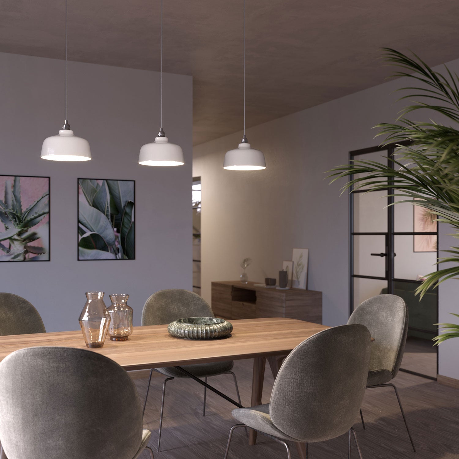 Lampada a sospensione completa di cavo tessile, paralume Coppa in ceramica e finiture in metallo - Bianco lucido - Creative Cables