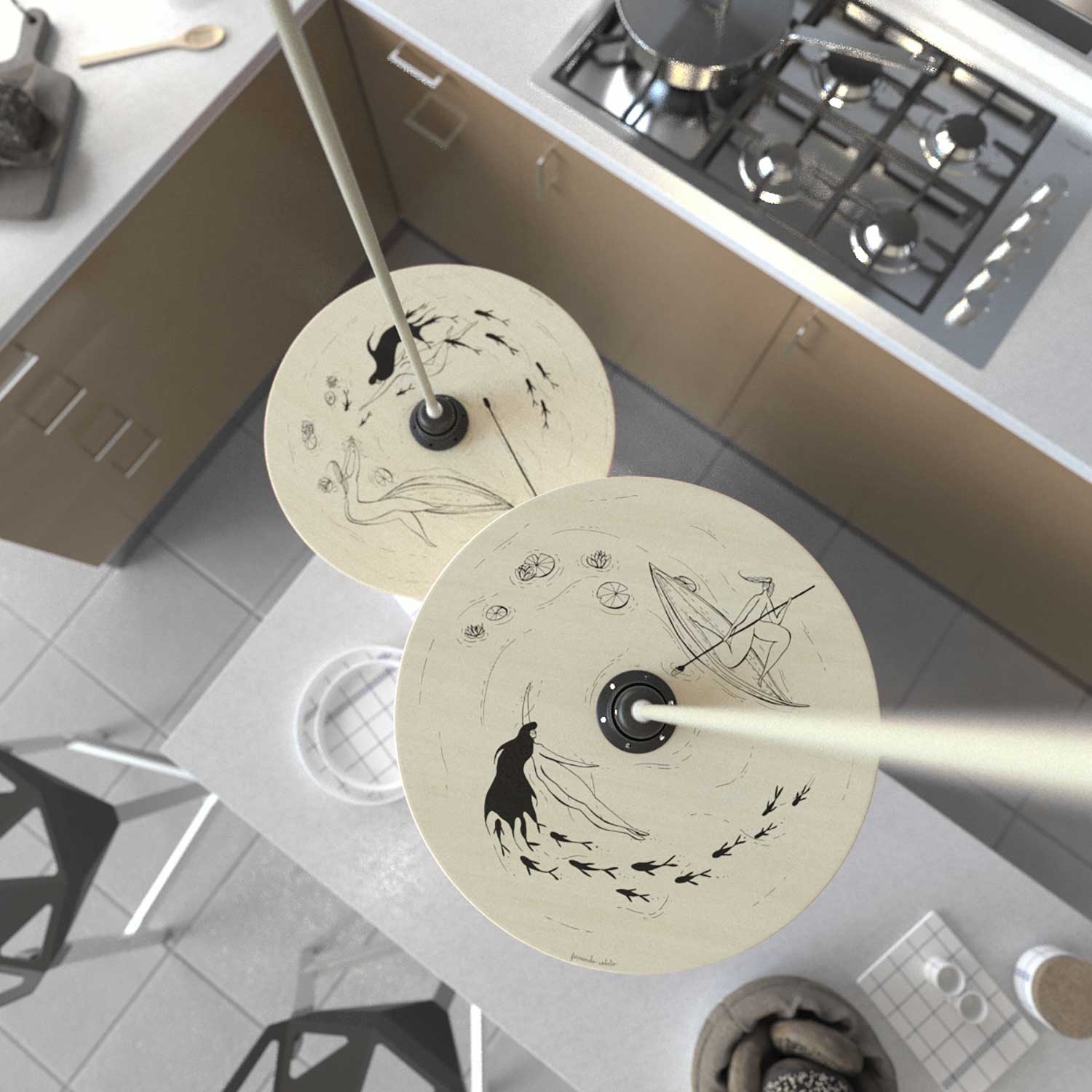 Lampada a sospensione completa di cavo tessile, paralume in legno UFO double-face e finiture in metallo - Fernando Cobelo