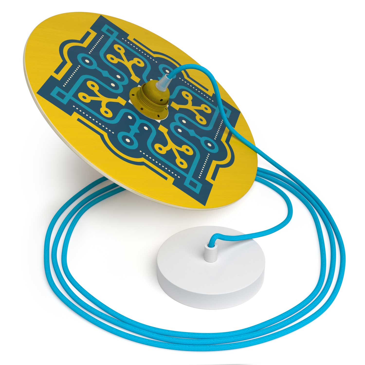 Lampada a sospensione completa di cavo tessile, paralume in legno UFO double-face e finiture in metallo - ODD