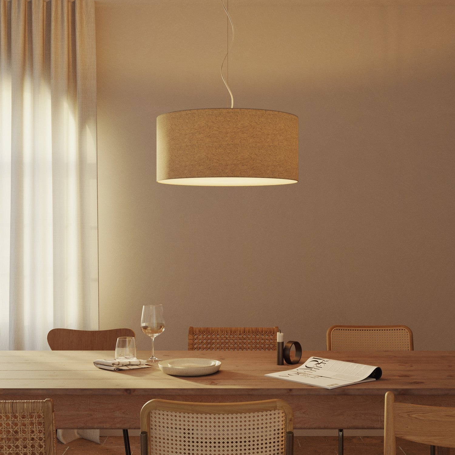 Lampada a sospensione con paralume in tessuto Cilindro Large - Made in Italy - Lana Beige Si