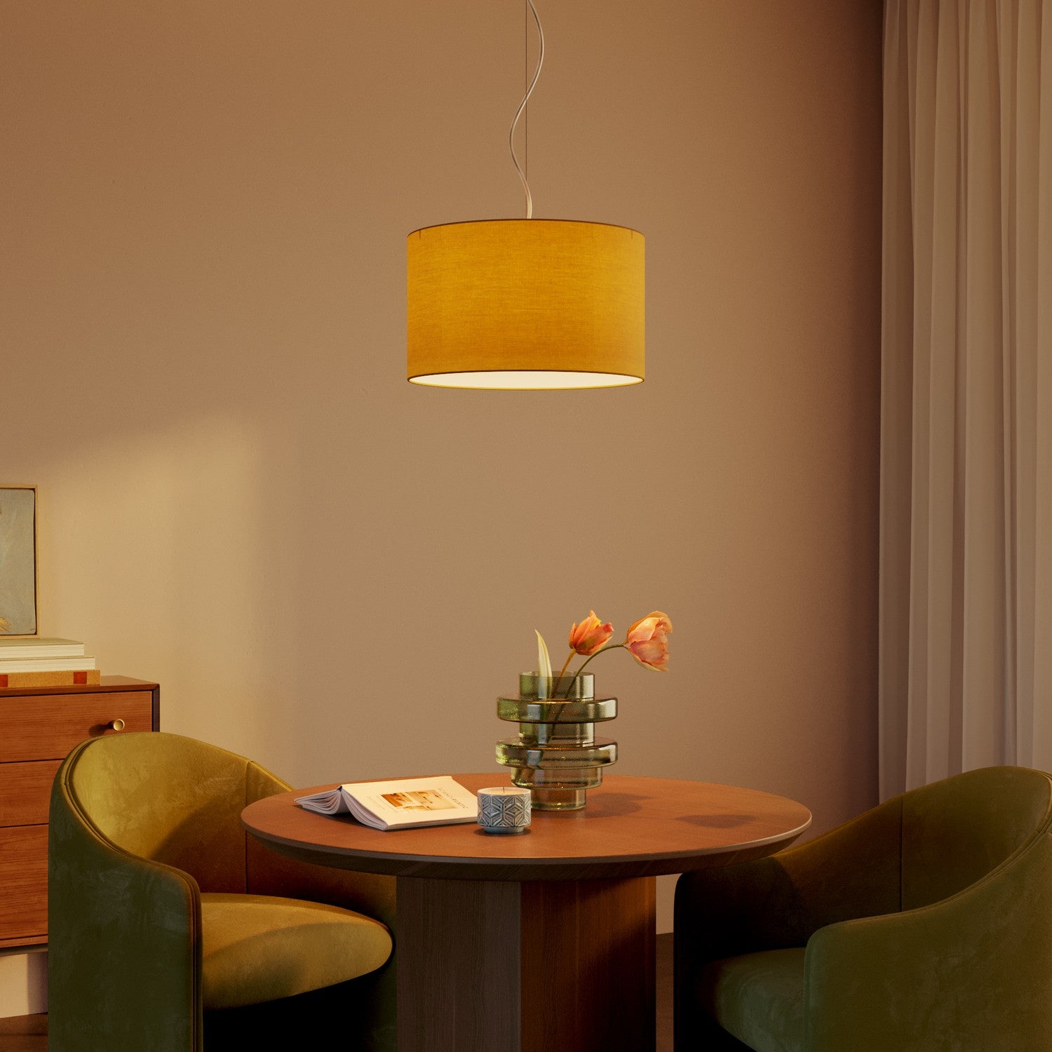 Lampada a sospensione con paralume in tessuto Cilindro Small Arenal oro - Made in Italy No