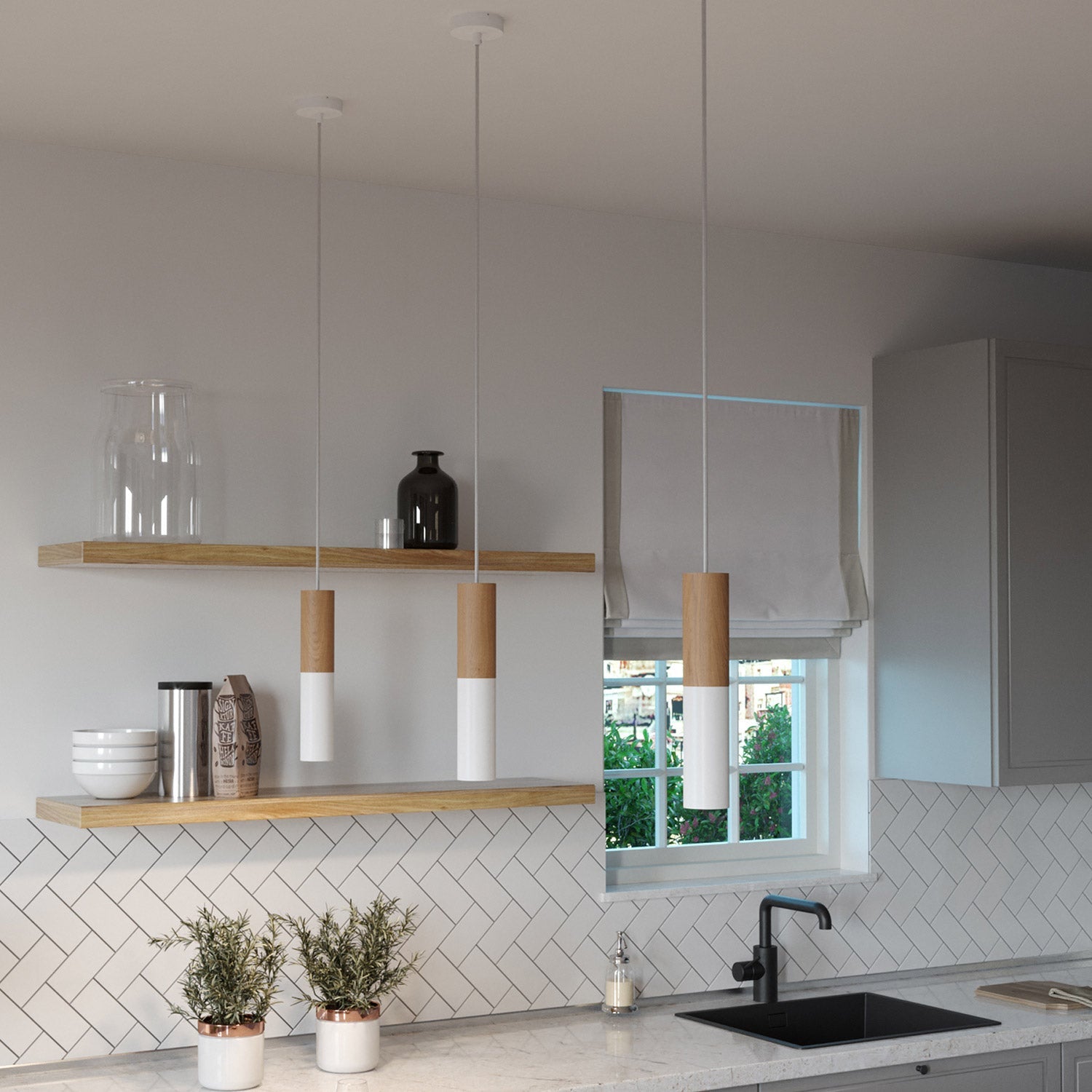 Lampada a sospensione Made in Italy completa di cavo tessile e doppio paralume Tub - E14 in legno e metallo - Bianco opaco - Creative Cables