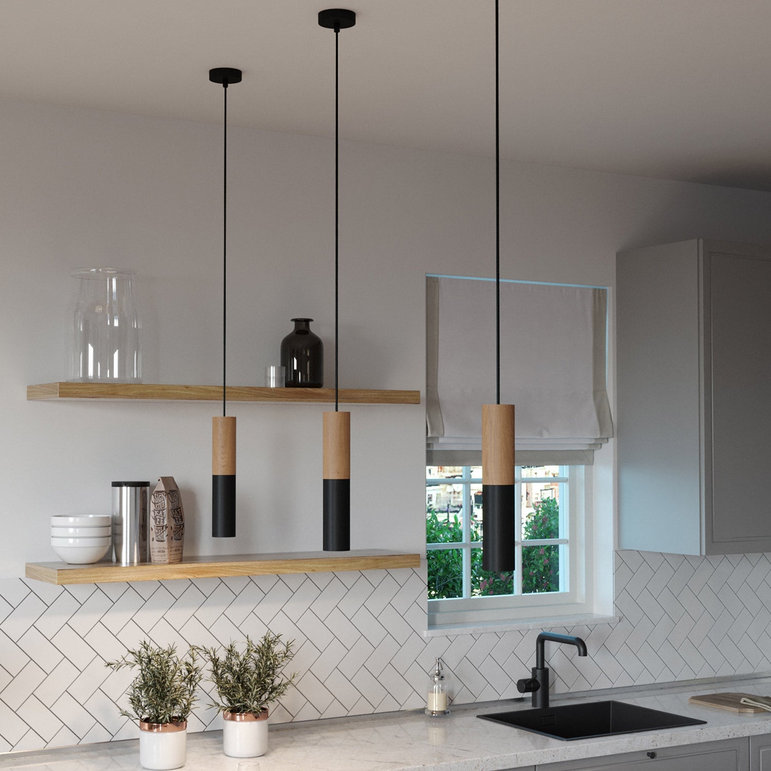 Lampada a sospensione Made in Italy completa di cavo tessile e doppio paralume Tub - E14 in legno e metallo - Nero - Creative Cables