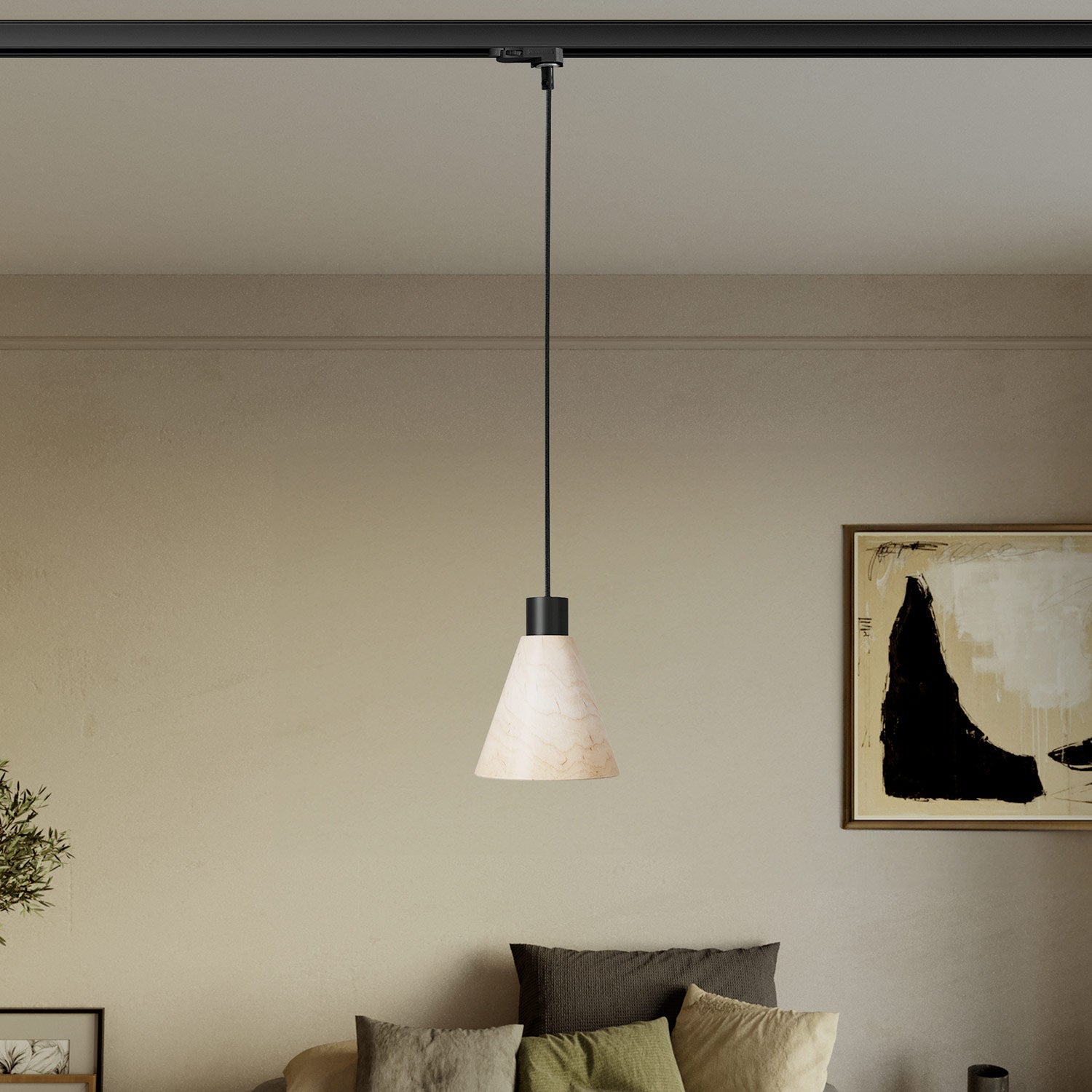 Lampada a sospensione per binari con paralume conico in legno - Nero - Creative Cables