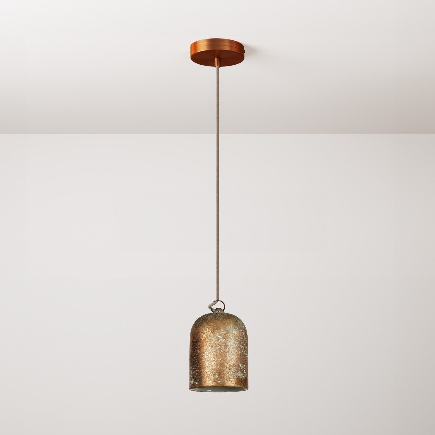 Pendant lamp with textile cable and lampshade Mini Bell XS ceramic shade - Copper green effect