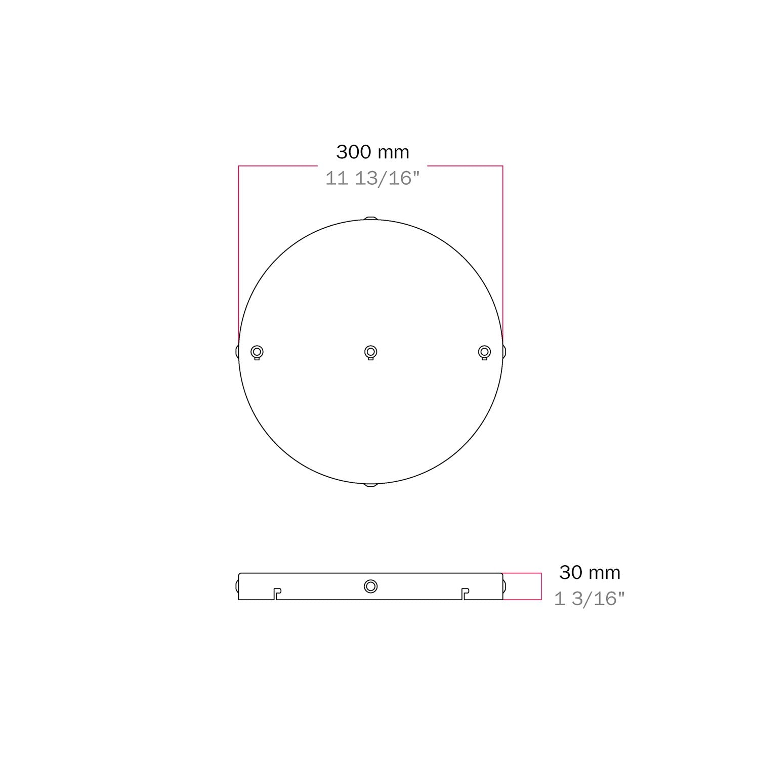 Rosone rotondo in alluminio Ø 30 cm con staffa e cavo di messa a terra, con 3 fori frontali - Nero 4